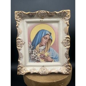 Vintage Immaculate Heart of Mary Ceramic Wall Pocket Planter Gold Gilt Religious